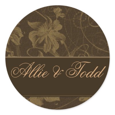 Brown and cream damask wedding stickers