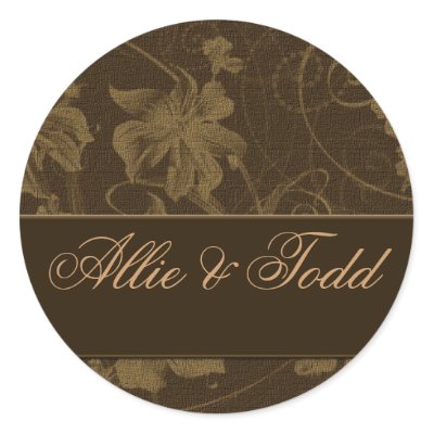 Brown and cream colored damask wedding stickers with chocolate brown accent