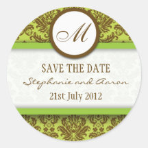 Brown and Green Damask Monogram Wedding Sticker