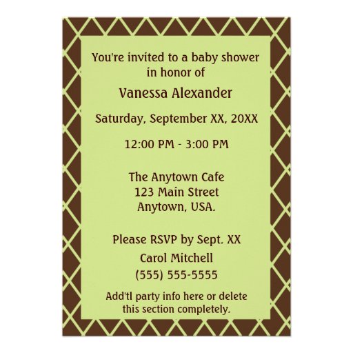 Brown and Green Elephants and Diamonds Baby Shower Personalized Invitations
