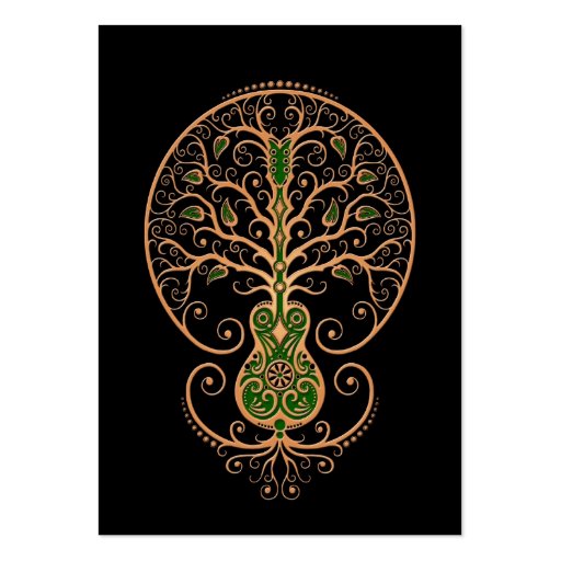 Brown and Green Guitar Tree of Life on Black Business Cards (front side)