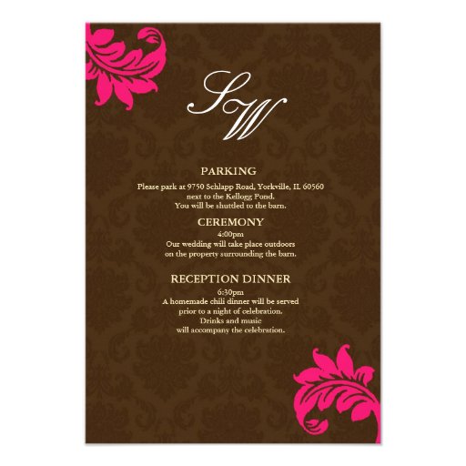 Brown and Hot Pink Damask Wedding Enclosure Card Custom Announcements