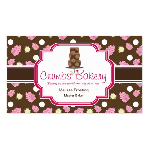 Brown and Pink Cute Cake Bakery Business Cards (front side)