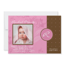 Brown and Pink Monogram Photo Baby Announcement