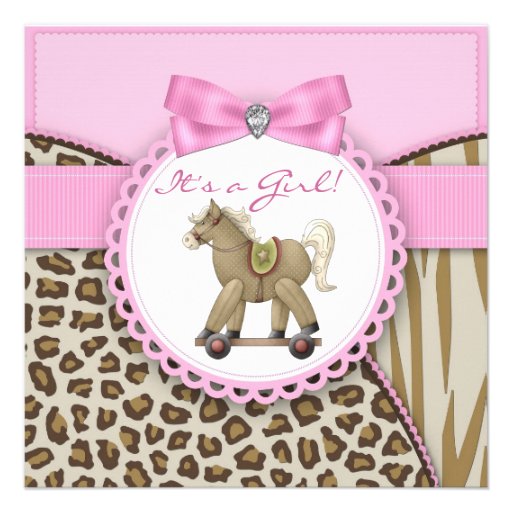 Brown and Pink Rocking Horse Baby Girl Shower Personalized Invite