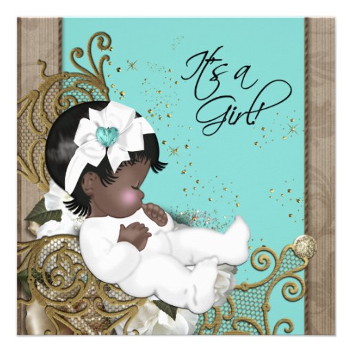 Brown and Teal Blue Baby Girl Shower Custom Announcements