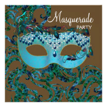 Brown and Teal Blue Masquerade Party Invite