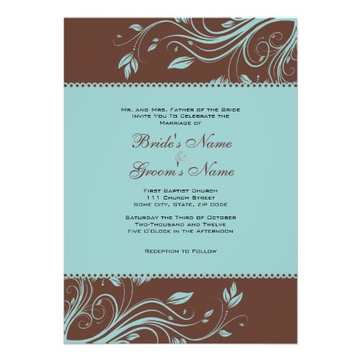 Brown and Teal Floral Swirls Wedding Invitation