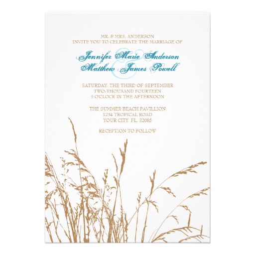 Brown and Teal Sea Grass Beach Wedding Invitation