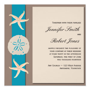 Brown and Turquoise Band Starfish Wedding 5.25x5.25 Square Paper Invitation Card