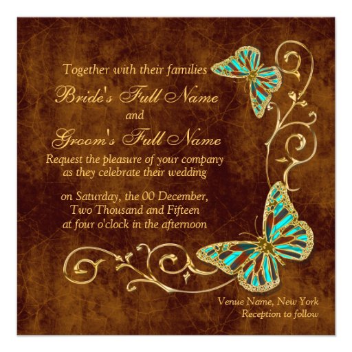 Brown aqua gold country wedding invite