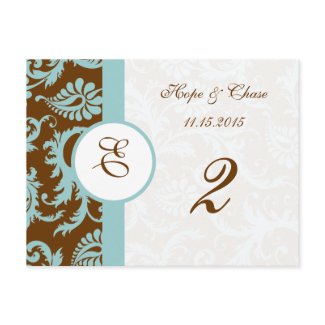 Brown & Aqua Trim Damask Swirls Table Number Cards postcard