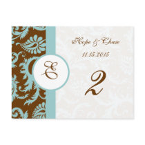 Brown & Aqua Trim Damask Swirls Table Number Cards Postcards