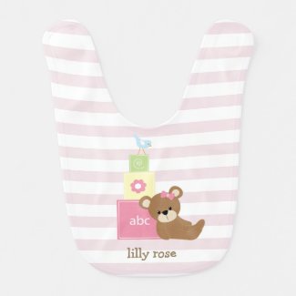 Brown Bear and Pink Toy Blocks Personalized Bibs