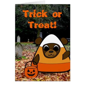Brown Bear in Candy Corn Costume in a Graveyard Greeting Card