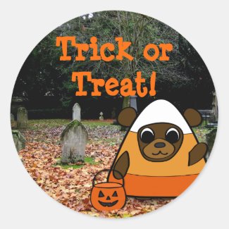 Brown Bear in Candy Corn Costume in a Graveyard Classic Round Sticker