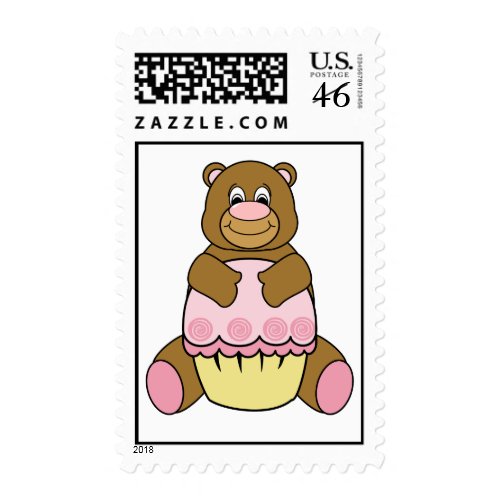 Brown Bear With Pink Cupcake Postage Stamps