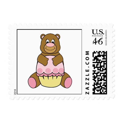Brown Bear With Pink Cupcake Postage Stamps