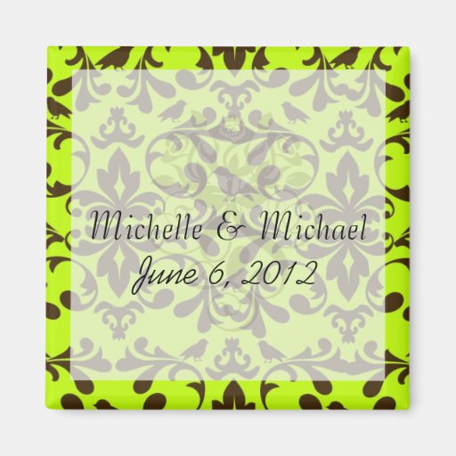 brown bird and lime green damask pattern refrigerator magnets