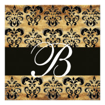 BROWN   BLACK  DAMASK  PARCHMENT MONOGRAM , white Personalized Announcement