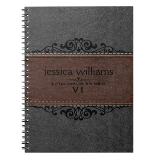 Brown & Black Leather Black Floral Element Spiral Notebook