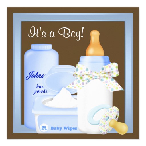 Brown Blue Bottle Pacifier Baby Boy Shower Custom Invitation