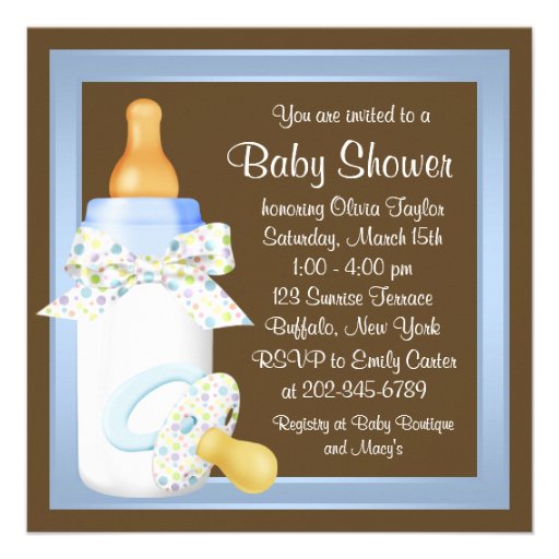 Brown Blue Bottle Pacifier Baby Boy Shower Custom Invitation