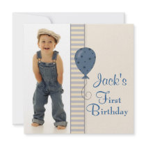 Brown Blue Boys Photo 1st Birthday Party Personalized Invite