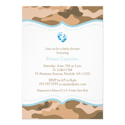Brown & Blue Camo Baby Shower Invitation with feet (front side)