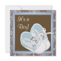Brown Blue Damask Shoes Baby Boy Shower Invitation