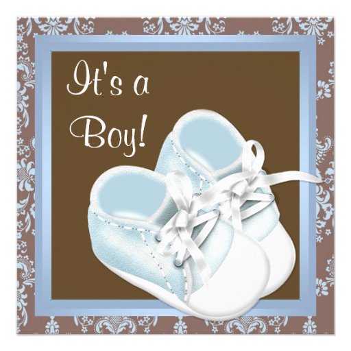 Brown Blue Damask Shoes Baby Boy Shower Invitation