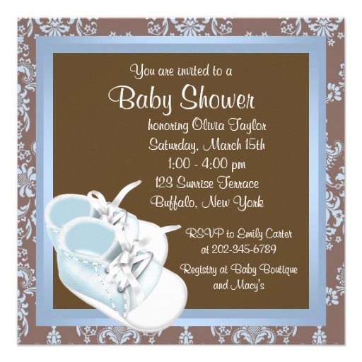 Brown Blue Damask Shoes Baby Boy Shower Invitation