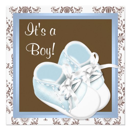 Brown Blue Damask Shoes Baby Boy Shower Custom Invitation