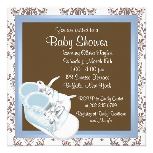 Brown Blue Damask Shoes Baby Boy Shower Custom Invitation
