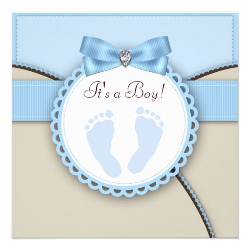 Brown Blue Footprint Baby Boy Shower Personalized Announcements (front side)