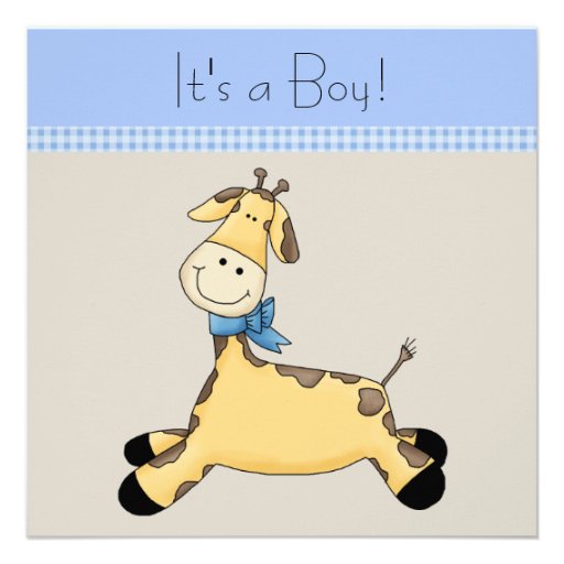 Brown Blue Giraffe Baby Boy Shower 5.25x5.25 Square Paper Invitation