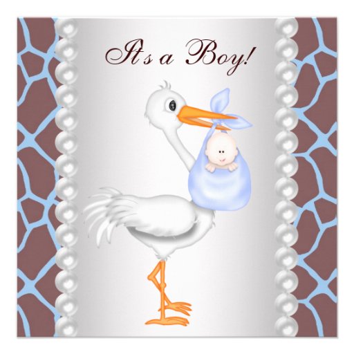 Brown Blue Giraffe Stork Baby Boy Shower Custom Invite