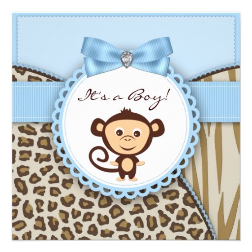 Brown Blue Monkey Baby Boy Shower Personalized Invitations