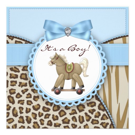 Brown Blue Rocking Horse Baby Boy Shower Personalized Invitation