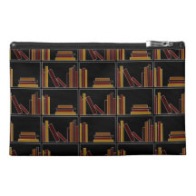 Brown, Burgundy and Mustard Color Books on Shelf. Travel Accessory Bag
