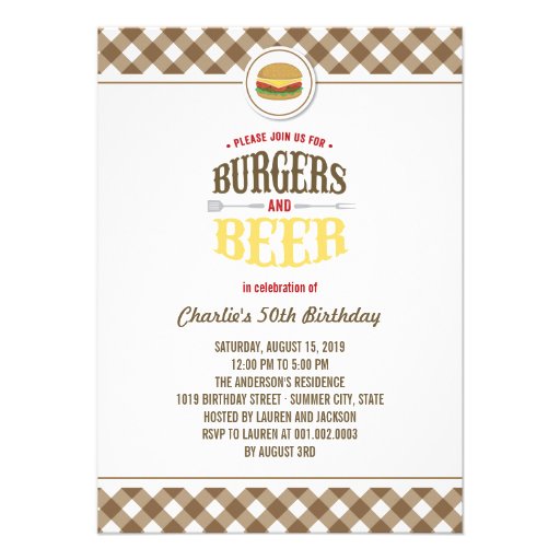Brown Checks Burgers & Beer Summer Birthday Party Custom Invites