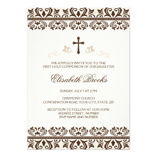 Brown cream damask first communion confirmation personalized invitations