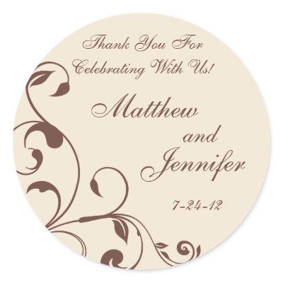 Brown & Cream Floral Curls Wedding Favor Labels Round Stickers