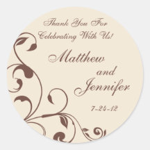 Brown & Cream Floral Curls Wedding Favor Labels Round Stickers