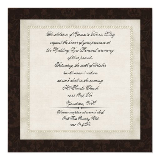 Brown damask and Pearls wedding vow renewal Invitation