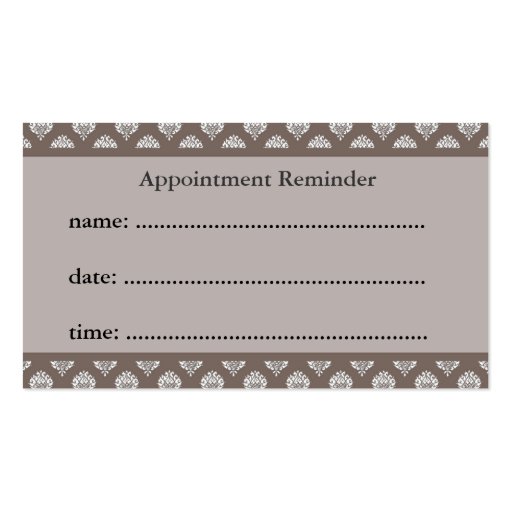 Brown Damask Appointment Reminder Business Card (back side)