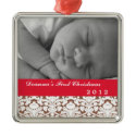 Brown damask classic red band baby's first holiday ornament