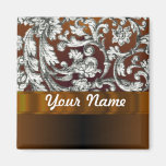 Brown damask floral pattern fridge magnet