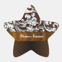 Brown damask floral pattern star sticker