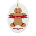 Brown gingerbread kid red banner name baby first ornament